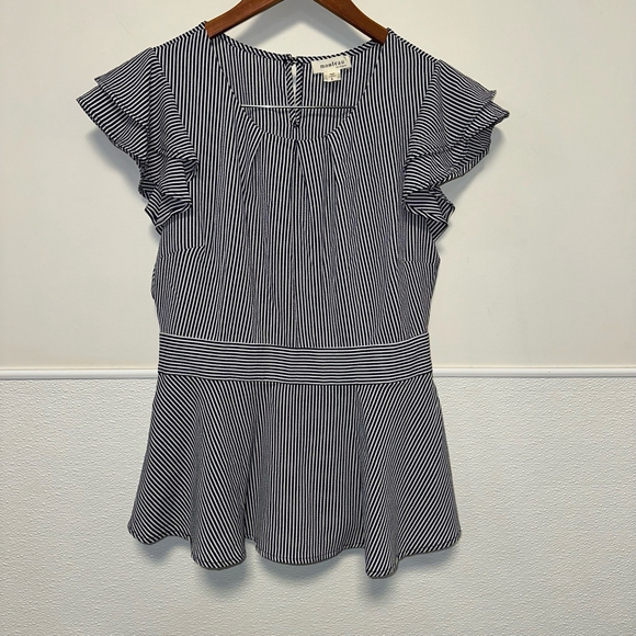 Women's Monteau Los Angeles blouse, Size L, Navy and White Stripes ruffles - Picture 1 of 8